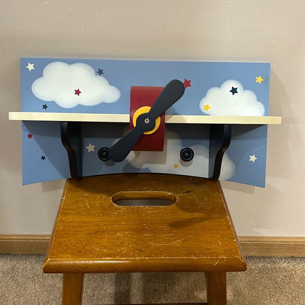 Blue Airplane Wall Shelf with Cloud Design